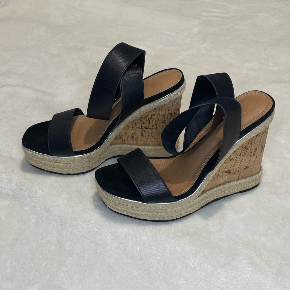 ASOS Design Black Elastic Strap Cork Espadrille Wedge Sandals - Picture 3 of 6